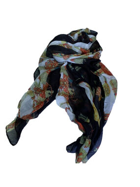 Large black scarf with yellow, orange, blue and white patterns